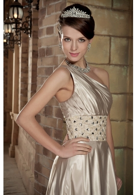 Silk Like Satin One Shoulder Brush Prom Dress Beaded