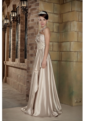 Silk Like Satin One Shoulder Brush Prom Dress Beaded