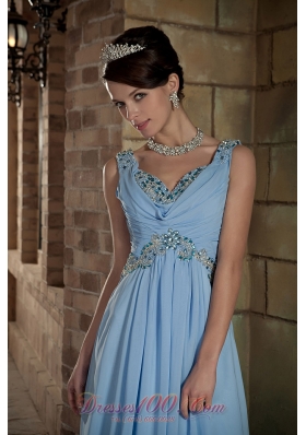 Brush Train Light Blue Straps Prom Dress