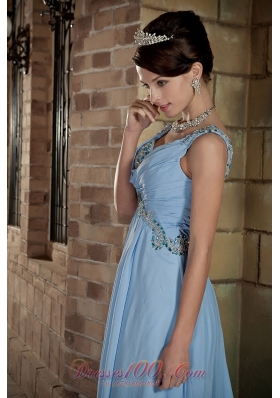 Brush Train Light Blue Straps Prom Dress