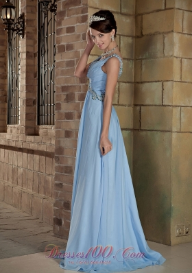 Brush Train Light Blue Straps Prom Dress