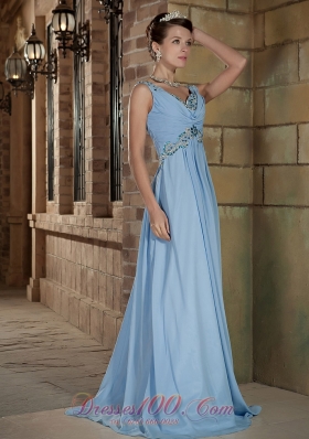 Brush Train Light Blue Straps Prom Dress