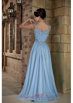 Brush Train Light Blue Straps Prom Dress