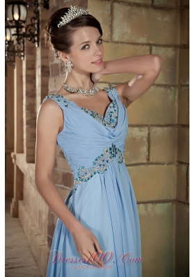 Brush Train Light Blue Straps Prom Dress