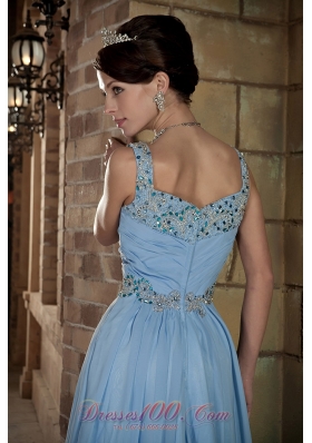 Brush Train Light Blue Straps Prom Dress