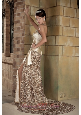 Champagne Sweetheart Taffeta and Leopard Slit Prom Celebrity Dress