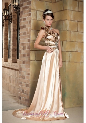 With Wrap One-shoulder Taffeta Prom Dress in Champagne