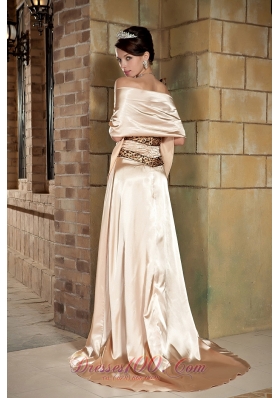 With Wrap One-shoulder Taffeta Prom Dress in Champagne