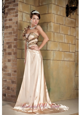 With Wrap One-shoulder Taffeta Prom Dress in Champagne