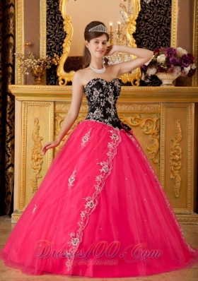 Hot Pink and Black Quinceanera Dress Embroidery Ball Gown