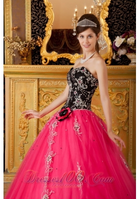 Hot Pink and Black Quinceanera Dress Embroidery Ball Gown