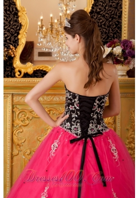 Hot Pink and Black Quinceanera Dress Embroidery Ball Gown