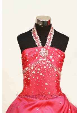 Sweet Halter Beading Tulle Hot Pink Pageant Dresses