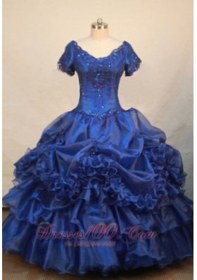 Luxurious V-neck Short Sleeves Pageant Dress Royal Blue