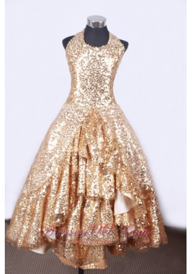 Shining Golden Halter Ruffled Little Girl Pageant Dresses