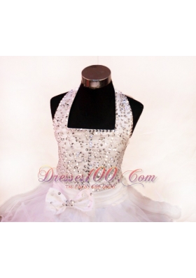 Halter White Beading Ball Gown For Little Girl Pageants