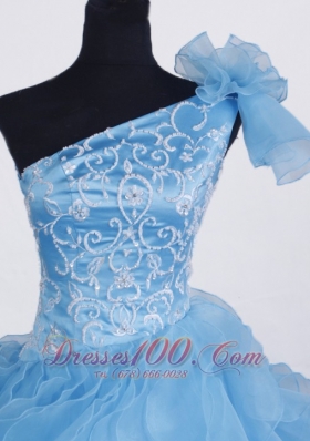 One Shoulder Embroidery Aqua Blue Pageant Gowns Ruffles