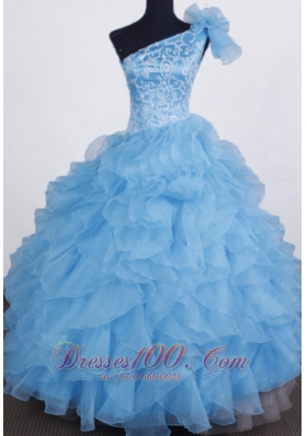 One Shoulder Embroidery Aqua Blue Pageant Gowns Ruffles