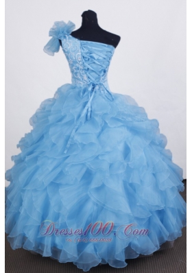 One Shoulder Embroidery Aqua Blue Pageant Gowns Ruffles