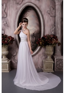 One Shoulder Court Train Chiffon Beaded Wedding Dress