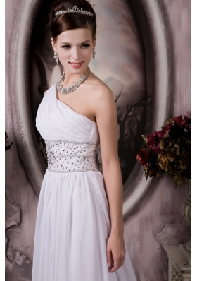 One Shoulder Court Train Chiffon Beaded Wedding Dress