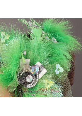 Feather Spring Green Rhinestone Headpiece for Quinceanera