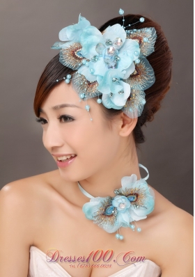 Popular Light Blue Feather Headflowers Pearls