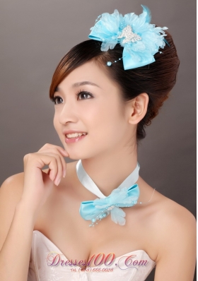 Aqua Blue Beading Feather Headpieces Bowknot