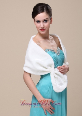 Faux Fur V-neck Wedding Shawl Ivory With Bow