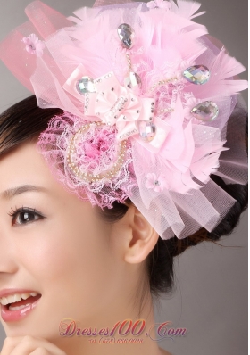 Sweet Pink Tulle Headflowers Beading Feather