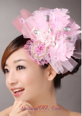 Sweet Pink Tulle Headflowers Beading Feather