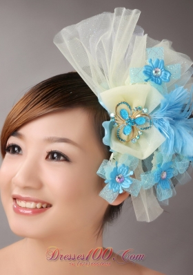 Blue Feather Yellow Net Flower Headpiece With Crystal