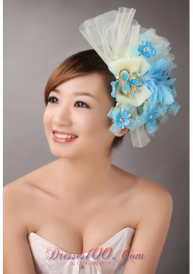 Blue Feather Yellow Net Flower Headpiece With Crystal