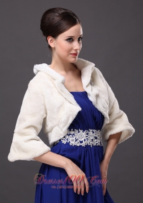 White Faux Fur Open Front Jacket Fold-over Collar