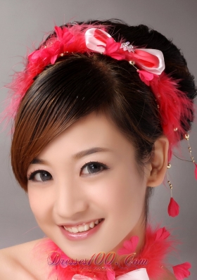 Sweet Red Feather Beading Hairband Bowknot