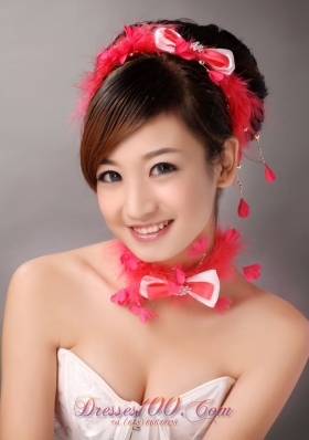Sweet Red Feather Beading Hairband Bowknot