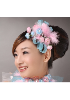 Pink Feather and Blue Net Flower Tiara Headpiece