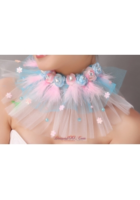 Pink Feather and Blue Net Flower Tiara Headpiece