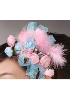 Pink Feather and Blue Net Flower Tiara Headpiece