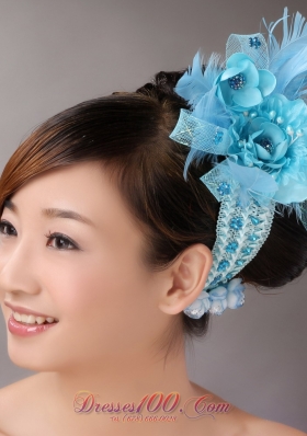 Blue Feather Flower Net Hair Combs for Party Crystal