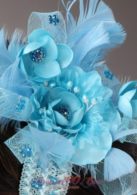 Blue Feather Flower Net Hair Combs for Party Crystal