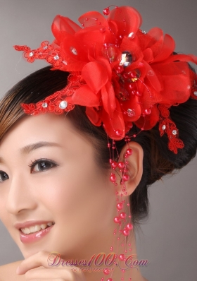 Red Chiffon Feather Headpiece with Beading for Party