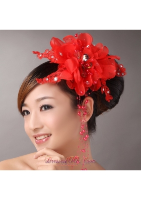 Red Chiffon Feather Headpiece with Beading for Party