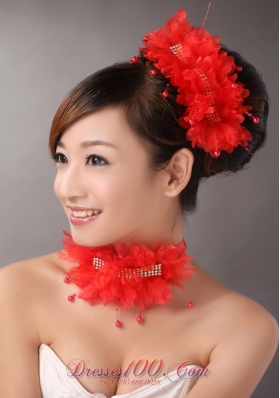 Red Flowers with Beading Chiffon Headpiece for Wedding