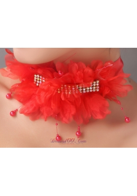 Red Flowers with Beading Chiffon Headpiece for Wedding