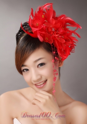 Imitation Beading Feather Red Bridal Head Flower