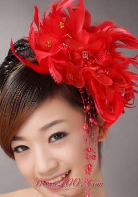 Imitation Beading Feather Red Bridal Head Flower