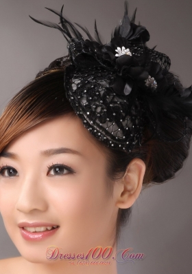 Lace and Feather Black Headpiece with Imitation Beading