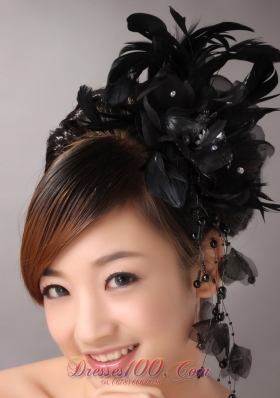 Black Feather and Tulle Headpiece with Beading for Party