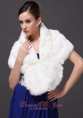 Faux Fur V-Neck White Wedding Party and Prom Shawls